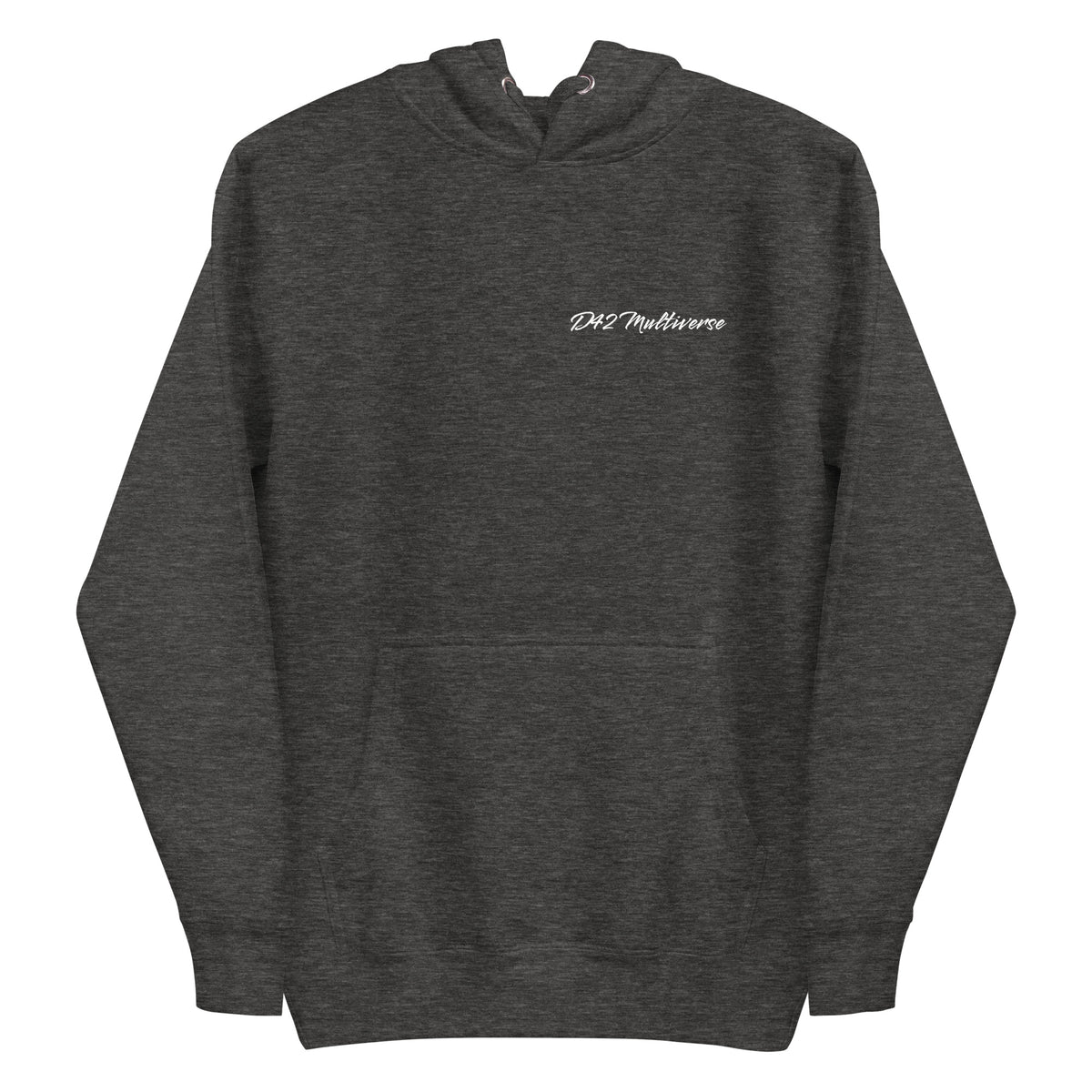 Vorderansicht eines schwarzen D42 Hoodies mit großem weißem „Handle with care“-Backprint, zerbrochenem Glas und den Worten „Caution“, „Sensitive“ und „Fragile“ und D42 Multiverse Schriftzug dunkelgrau