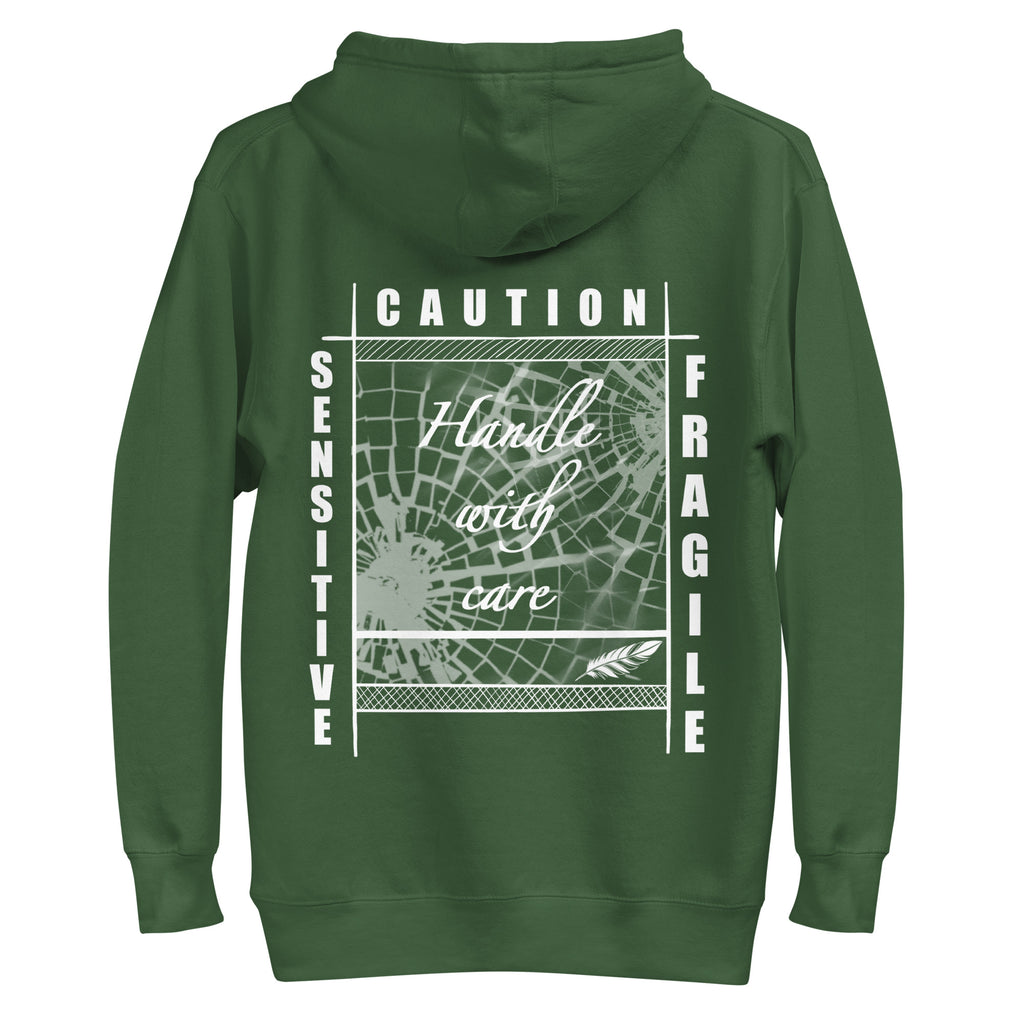 Rückansicht eines schwarzen D42 Hoodies mit großem weißem „Handle with care“-Backprint, zerbrochenem Glas und den Worten „Caution“, „Sensitive“ und „Fragile“ grün