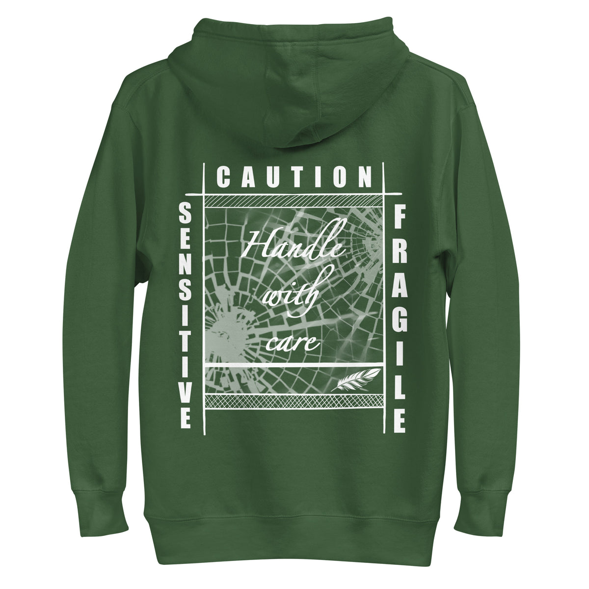 Rückansicht eines schwarzen D42 Hoodies mit großem weißem „Handle with care“-Backprint, zerbrochenem Glas und den Worten „Caution“, „Sensitive“ und „Fragile“ grün