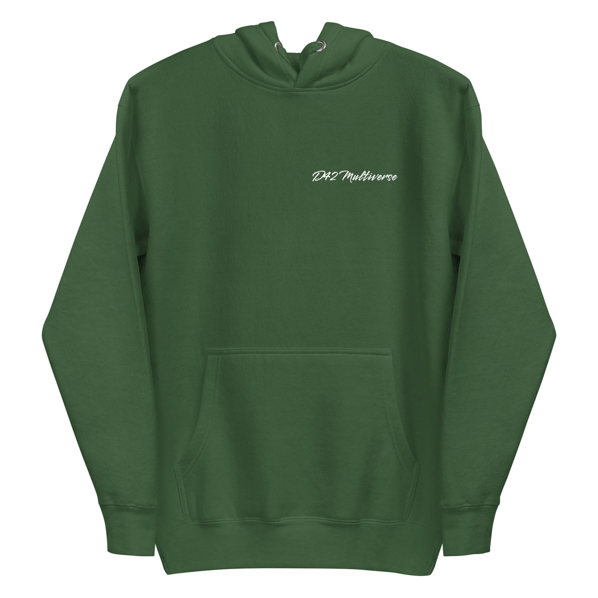 Vorderansicht eines schwarzen D42 Hoodies mit großem weißem „Handle with care“-Backprint, zerbrochenem Glas und den Worten „Caution“, „Sensitive“ und „Fragile“ und D42 Multiverse Schriftzug grün