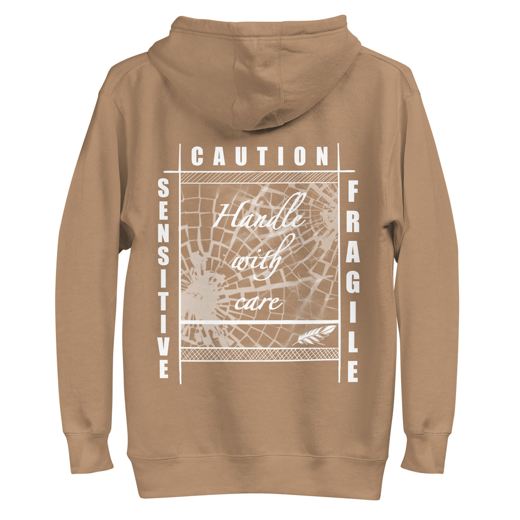 Rückansicht eines schwarzen D42 Hoodies mit großem weißem „Handle with care“-Backprint, zerbrochenem Glas und den Worten „Caution“, „Sensitive“ und „Fragile“ latte