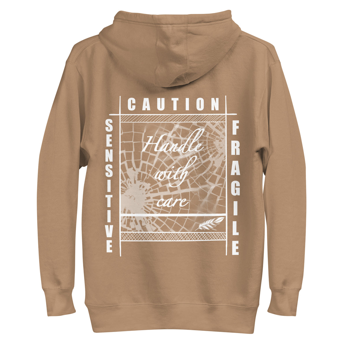 Rückansicht eines schwarzen D42 Hoodies mit großem weißem „Handle with care“-Backprint, zerbrochenem Glas und den Worten „Caution“, „Sensitive“ und „Fragile“ latte
