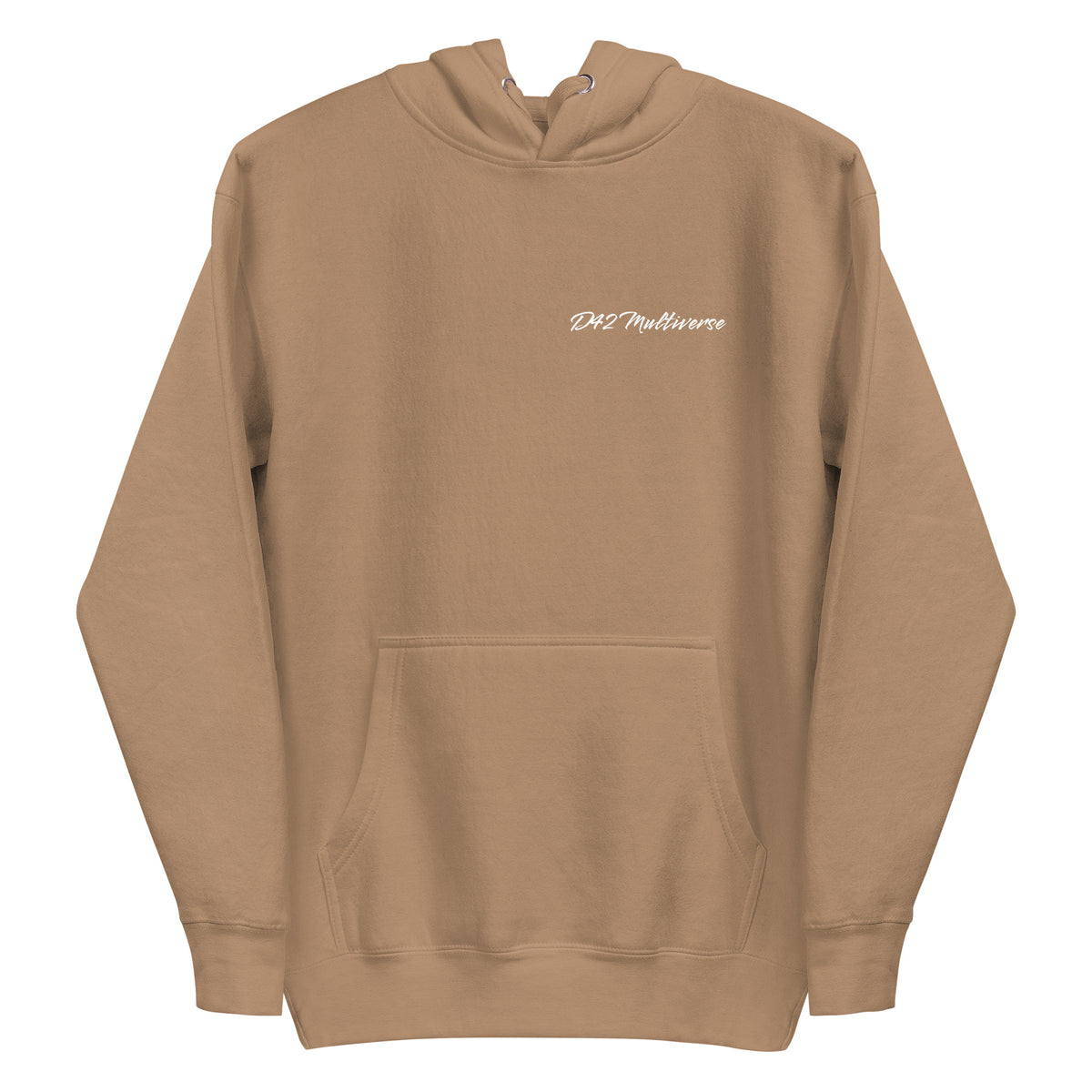 Vorderansicht eines schwarzen D42 Hoodies mit großem weißem „Handle with care“-Backprint, zerbrochenem Glas und den Worten „Caution“, „Sensitive“ und „Fragile“ und D42 Multiverse Schriftzug latte
