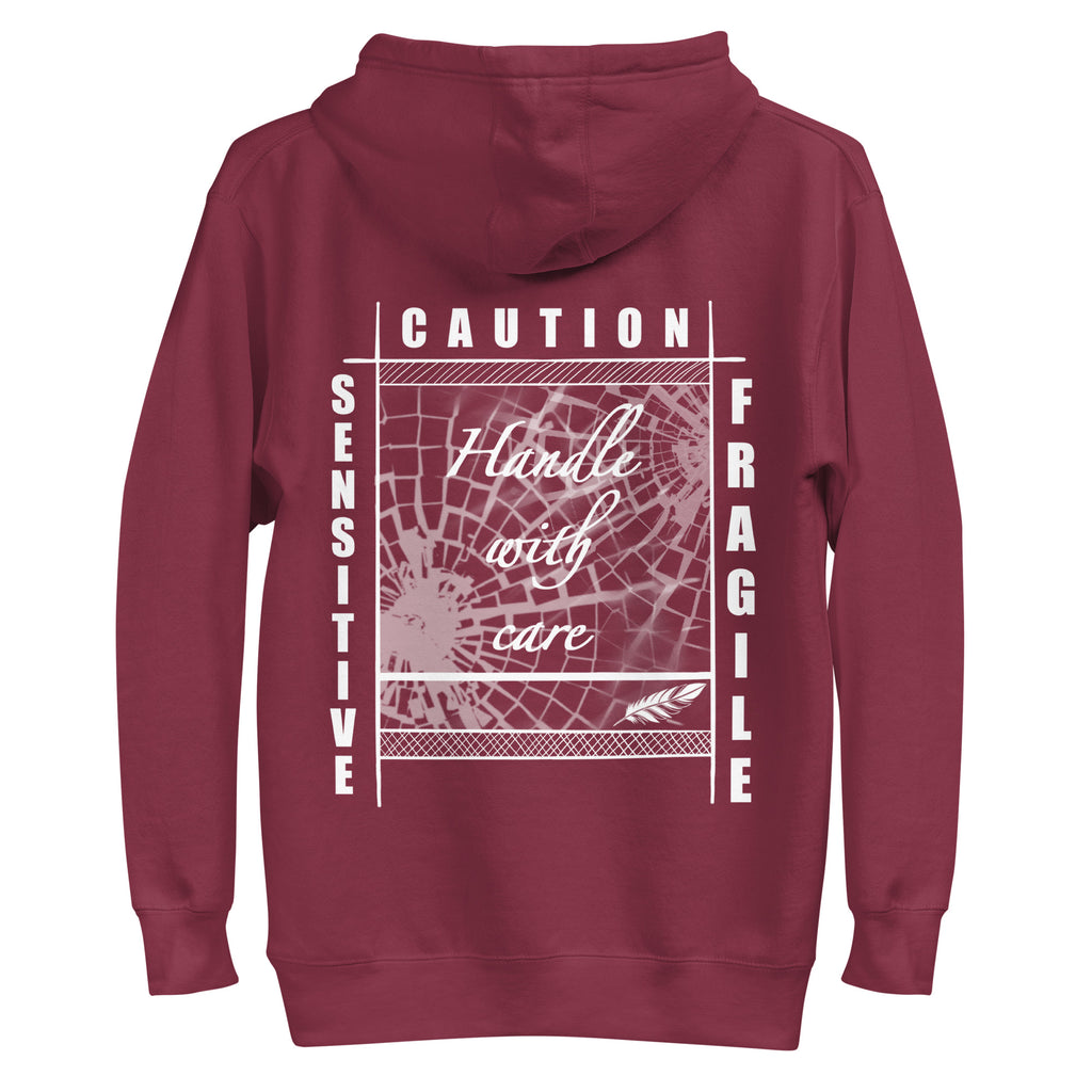 Rückansicht eines schwarzen D42 Hoodies mit großem weißem „Handle with care“-Backprint, zerbrochenem Glas und den Worten „Caution“, „Sensitive“ und „Fragile“ rot