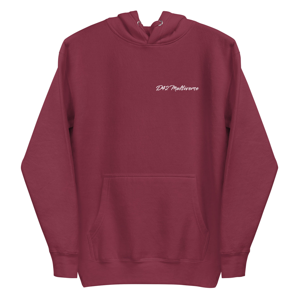 Vorderansicht eines schwarzen D42 Hoodies mit großem weißem „Handle with care“-Backprint, zerbrochenem Glas und den Worten „Caution“, „Sensitive“ und „Fragile“ und D42 Multiverse Schriftzug rot
