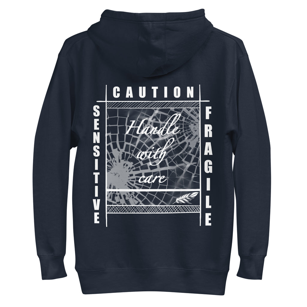 Rückansicht eines schwarzen D42 Hoodies mit großem weißem „Handle with care“-Backprint, zerbrochenem Glas und den Worten „Caution“, „Sensitive“ und „Fragile“ navy
