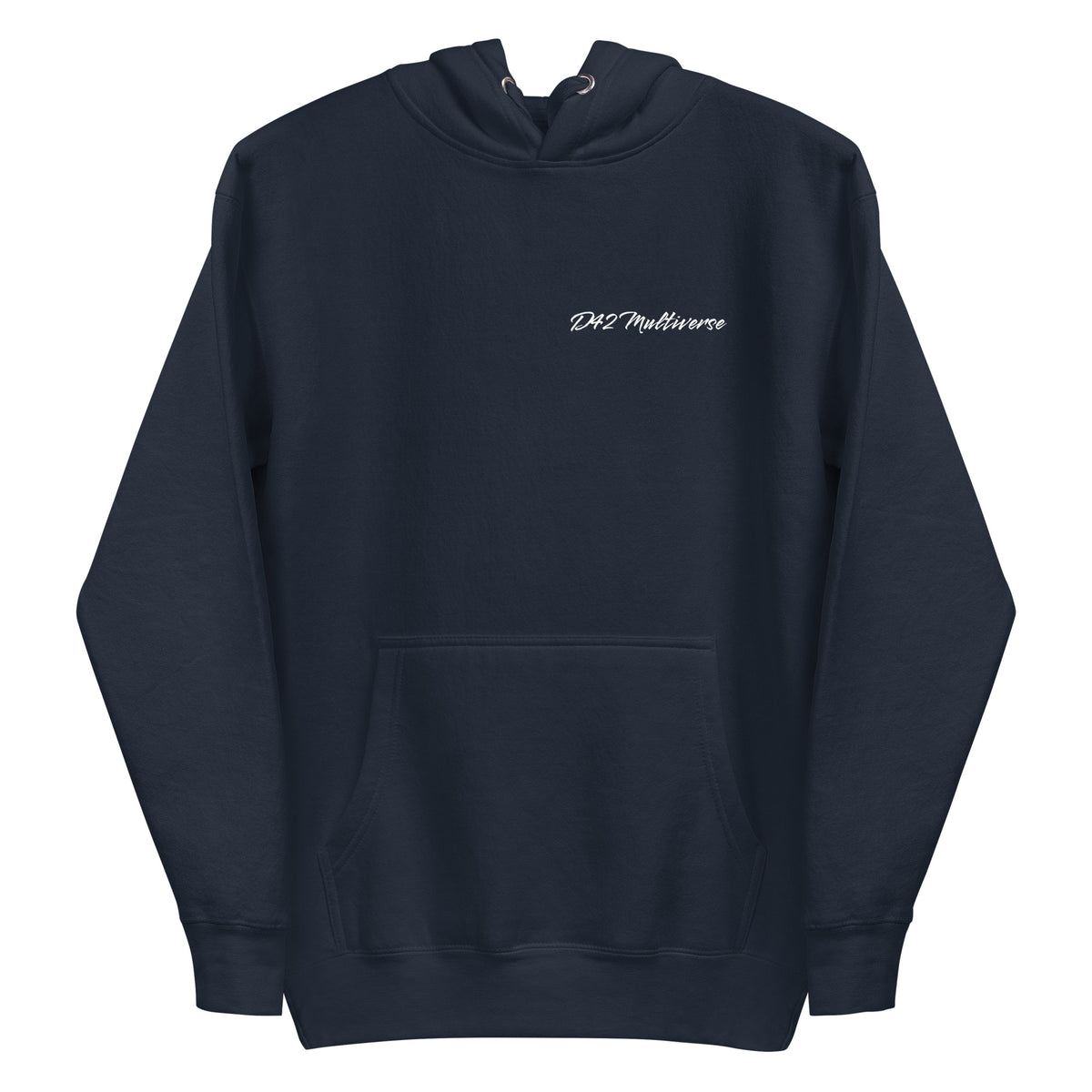 Vorderansicht eines schwarzen D42 Hoodies mit großem weißem „Handle with care“-Backprint, zerbrochenem Glas und den Worten „Caution“, „Sensitive“ und „Fragile“ und D42 Multiverse Schriftzug navy
