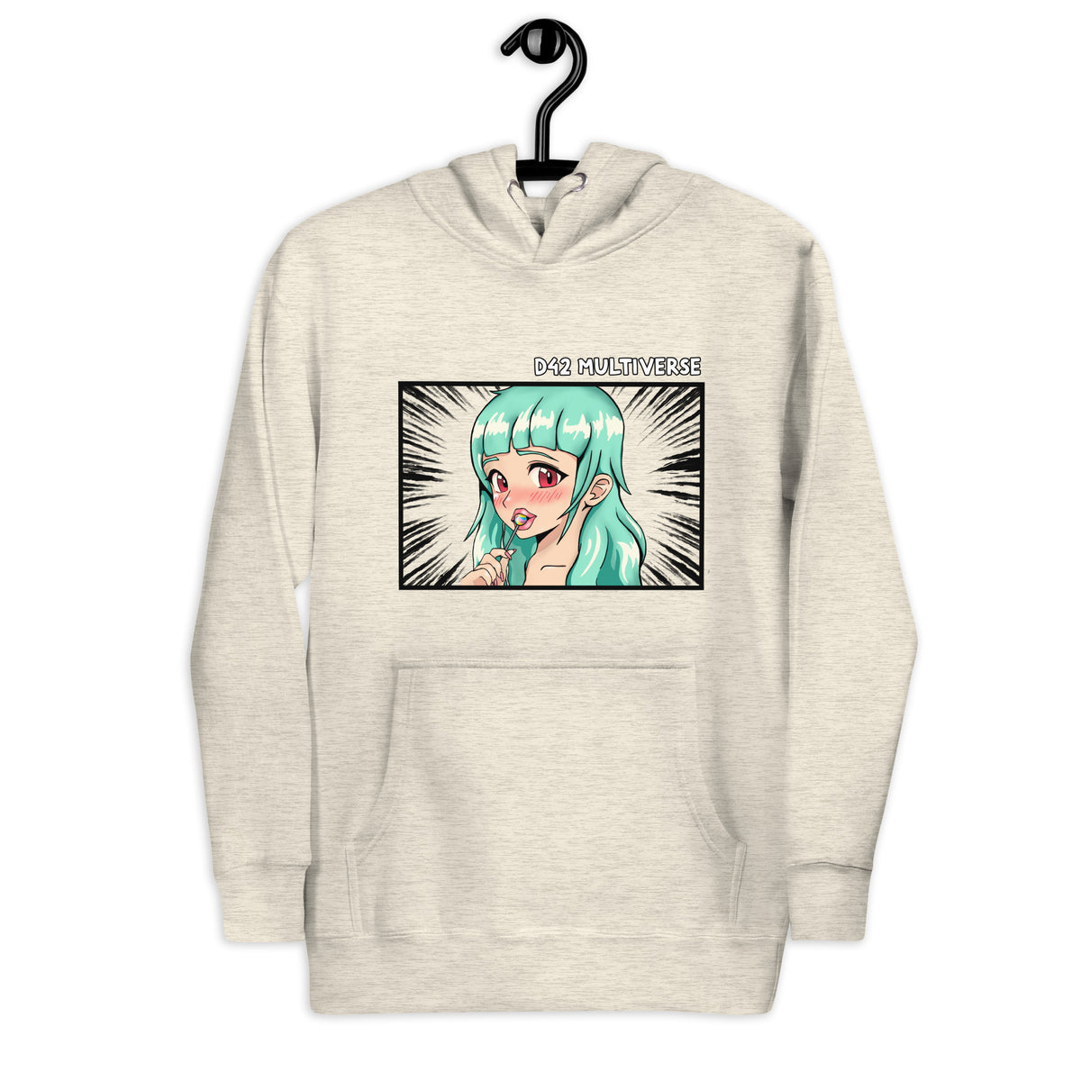 D42 Premium Hoodie mit großer Manga-inspirierter Illustration einer türkishaarigen Anime-Figur, das Anime Lolligirl, und D42 Multiverse Schriftzug auf der Vorderseite hellgrau auf Kleiderbügel
