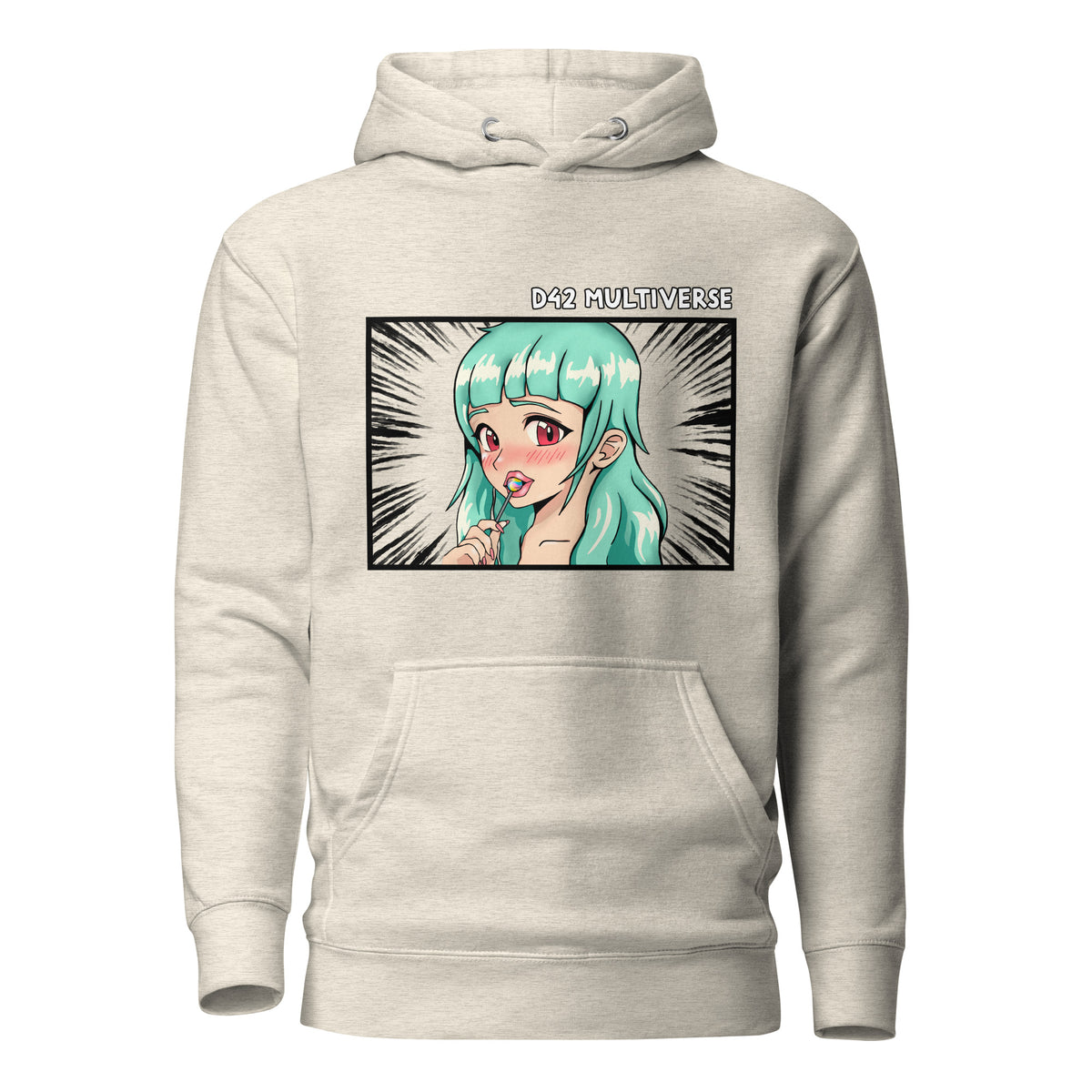 D42 Premium Hoodie mit großer Manga-inspirierter Illustration einer türkishaarigen Anime-Figur, das Anime Lolligirl, und D42 Multiverse Schriftzug auf der Vorderseite hellgrau