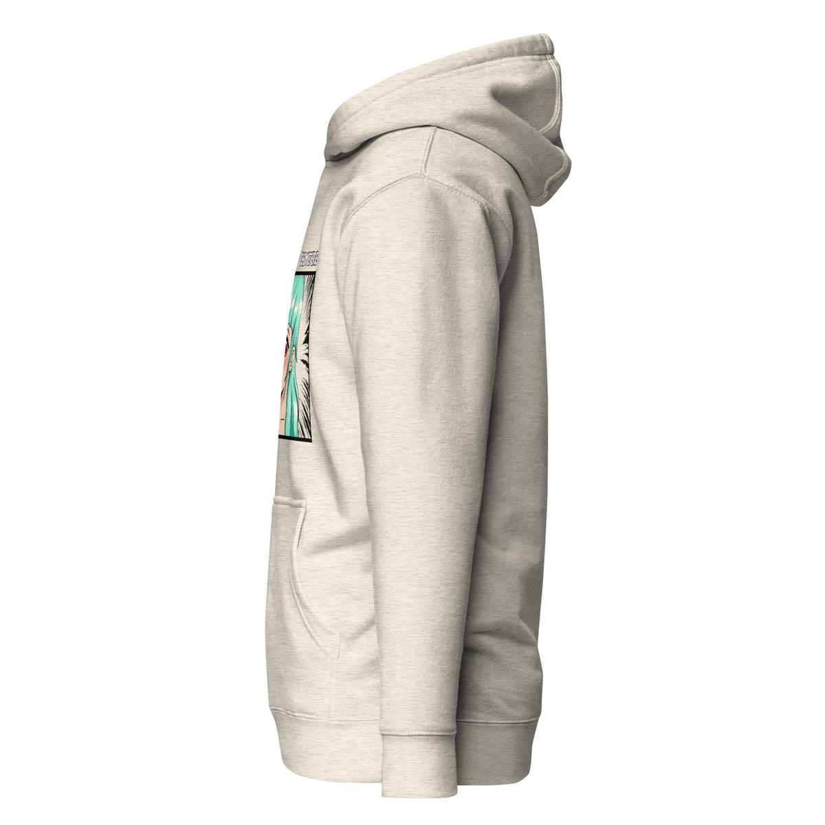 D42 Premium Hoodie mit großer Manga-inspirierter Illustration einer türkishaarigen Anime-Figur, das Anime Lolligirl, und D42 Multiverse Schriftzug auf der Vorderseite hellgrau linke Seite