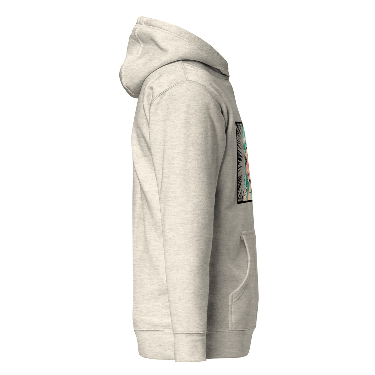 D42 Premium Hoodie mit großer Manga-inspirierter Illustration einer türkishaarigen Anime-Figur, das Anime Lolligirl, und D42 Multiverse Schriftzug auf der Vorderseite hellgru rechte Seite