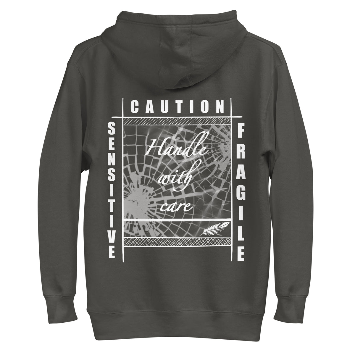Rückansicht eines schwarzen D42 Hoodies mit großem weißem „Handle with care“-Backprint, zerbrochenem Glas und den Worten „Caution“, „Sensitive“ und „Fragile“ vintage