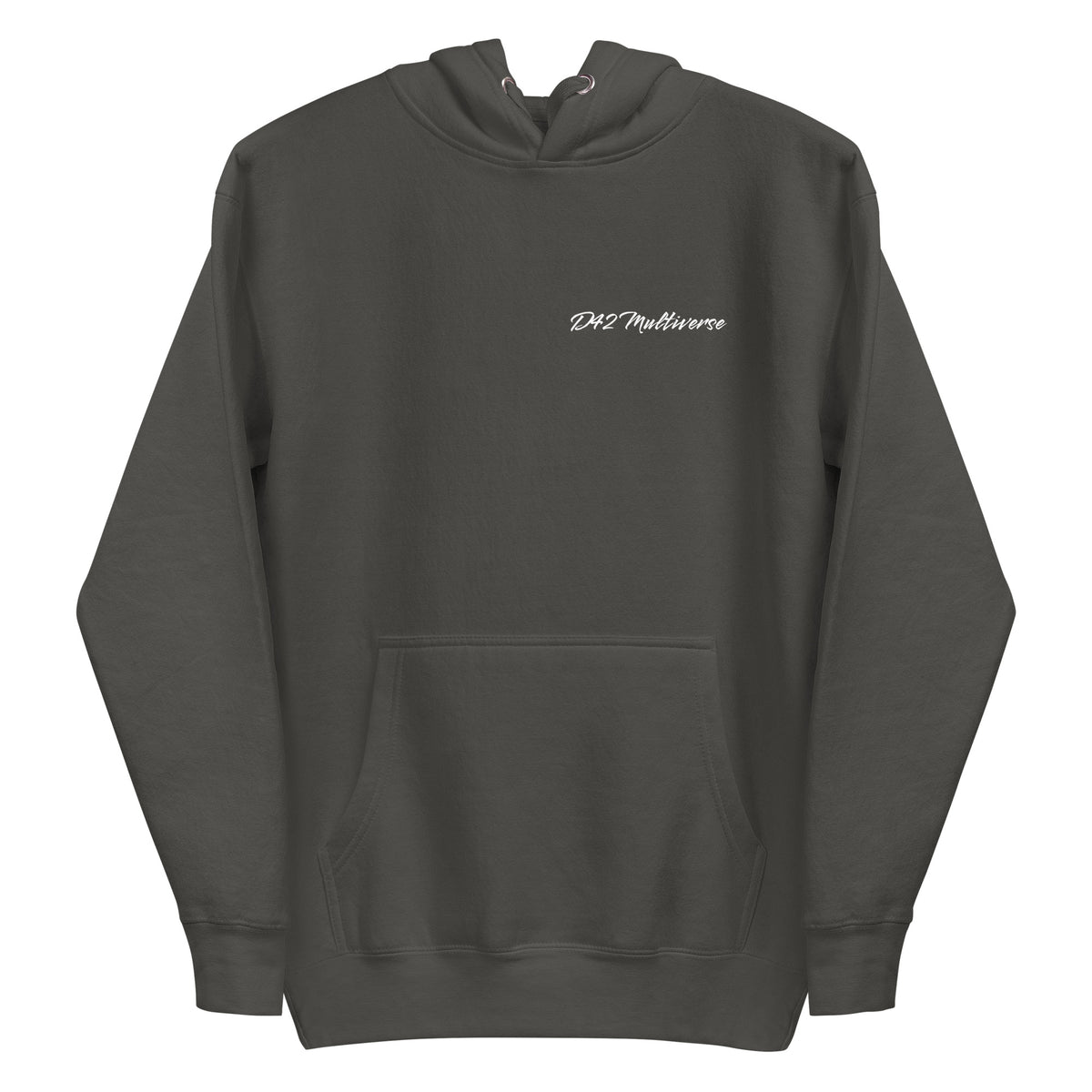Vorderansicht eines schwarzen D42 Hoodies mit großem weißem „Handle with care“-Backprint, zerbrochenem Glas und den Worten „Caution“, „Sensitive“ und „Fragile“ und D42 Multiverse Schriftzug vintage