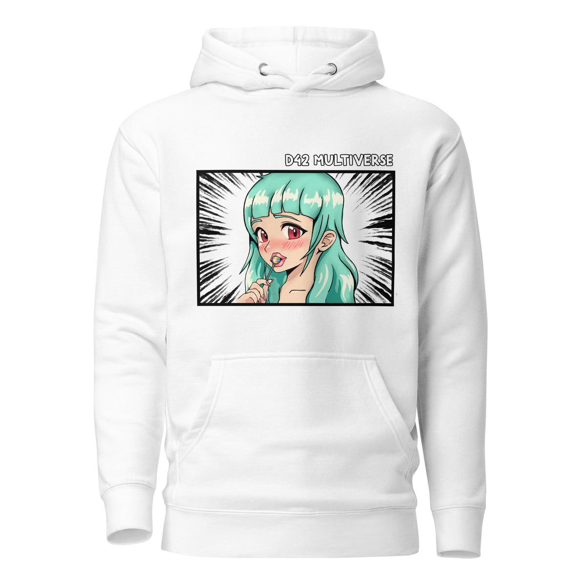 D42 Premium Hoodie mit großer Manga-inspirierter Illustration einer türkishaarigen Anime-Figur, das Anime Lolligirl, und D42 Multiverse Schriftzug auf der Vorderseite weiß