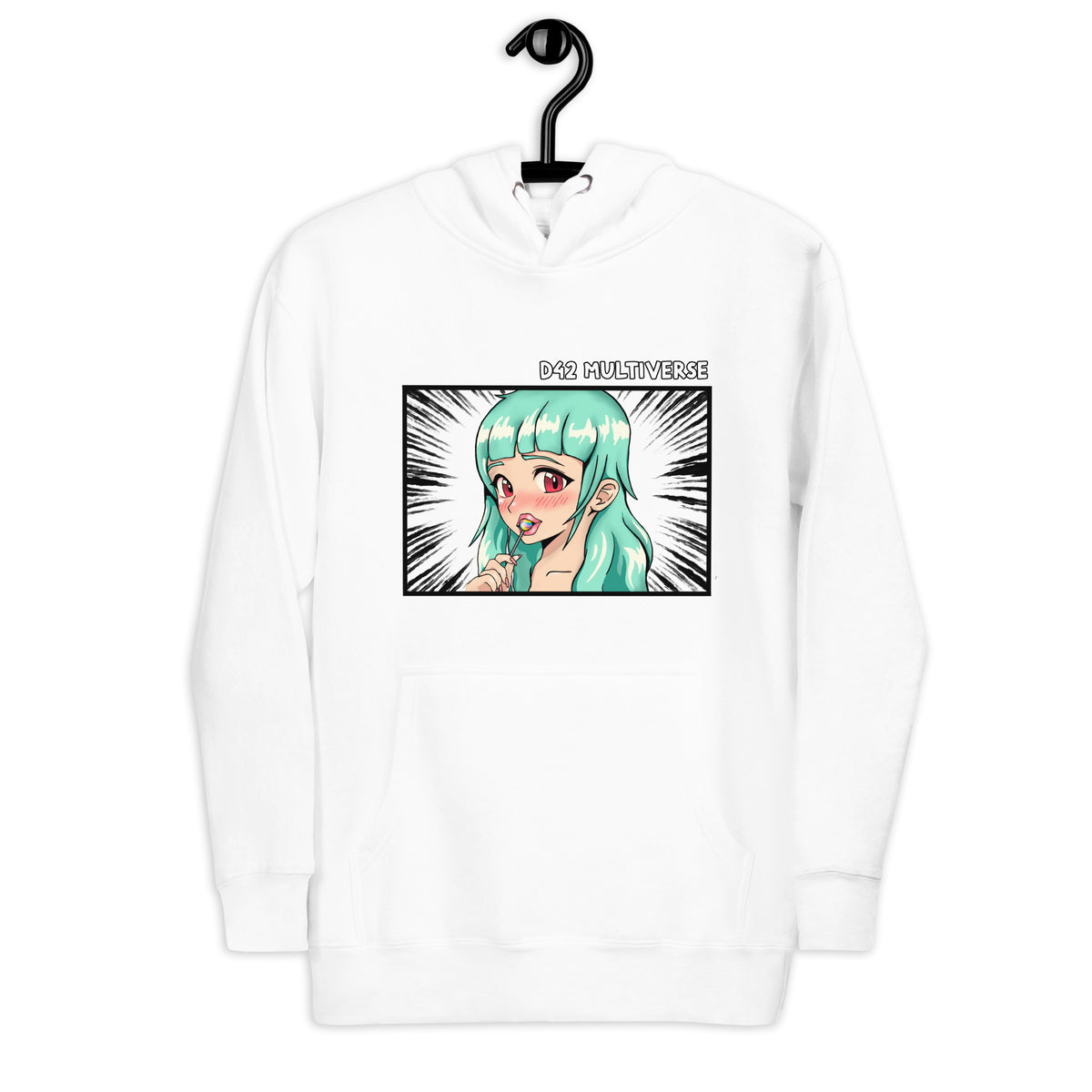 D42 Premium Hoodie mit großer Manga-inspirierter Illustration einer türkishaarigen Anime-Figur, das Anime Lolligirl, und D42 Multiverse Schriftzug auf der Vorderseite weiß auf Kleiderbügel