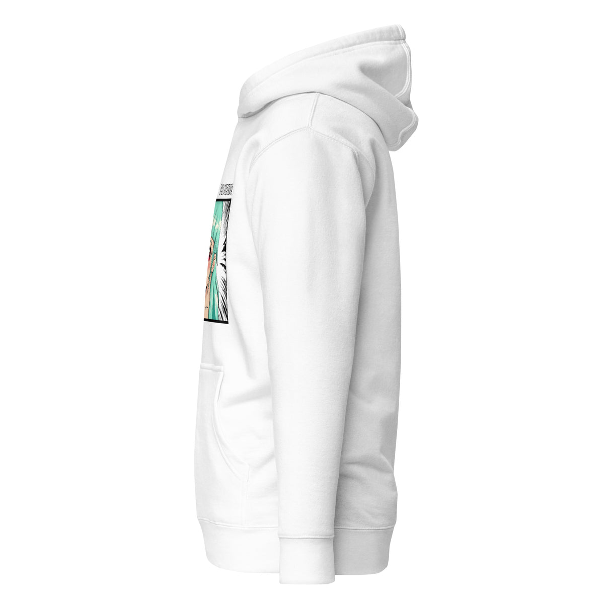 D42 Premium Hoodie mit großer Manga-inspirierter Illustration einer türkishaarigen Anime-Figur, das Anime Lolligirl, und D42 Multiverse Schriftzug auf der Vorderseite Weiß linke Seite