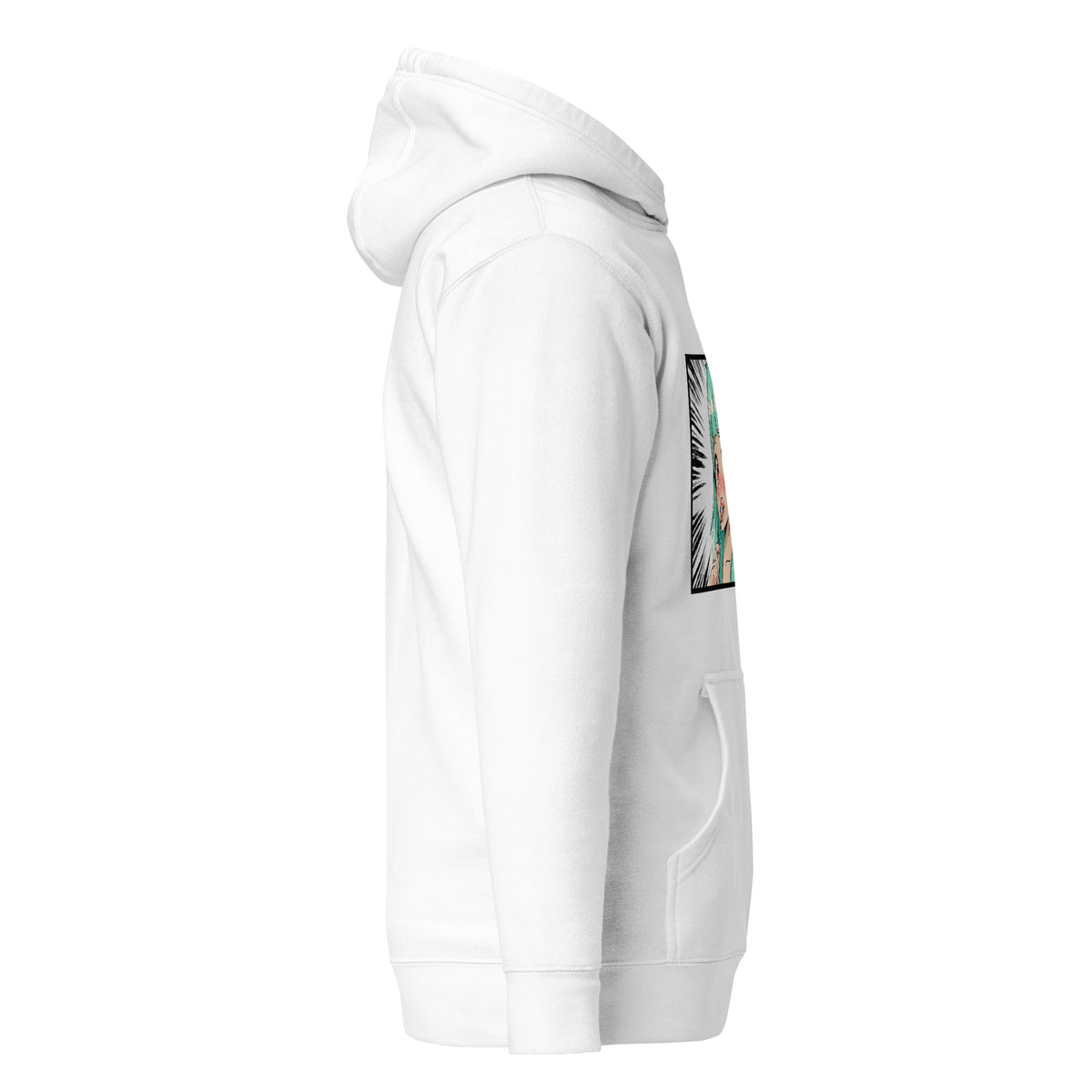 D42 Premium Hoodie mit großer Manga-inspirierter Illustration einer türkishaarigen Anime-Figur, das Anime Lolligirl, und D42 Multiverse Schriftzug auf der Vorderseite weiß rechte Seite