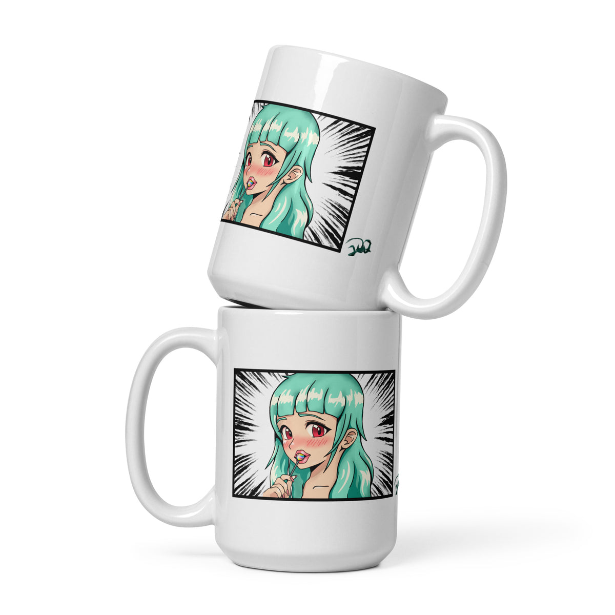 D42 Tasse mit farbigem Anime-Lolligirl-Motiv einer türkishaarigen Manga-Figur vor schwarz-weißem Manga-Hintergrund 15oz