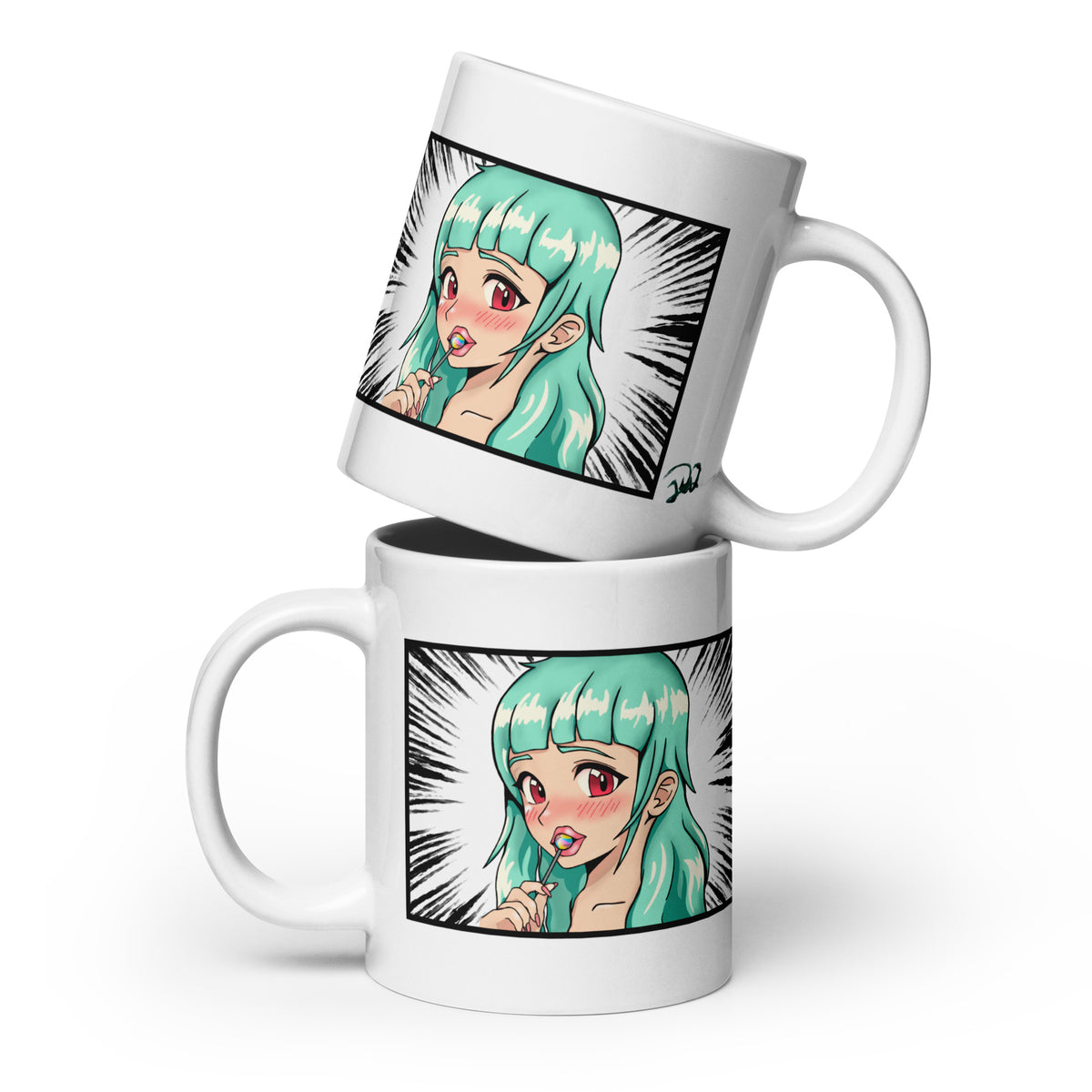 D42 Tasse mit farbigem Anime-Lolligirl-Motiv einer türkishaarigen Manga-Figur vor schwarz-weißem Manga-Hintergrund 20oz